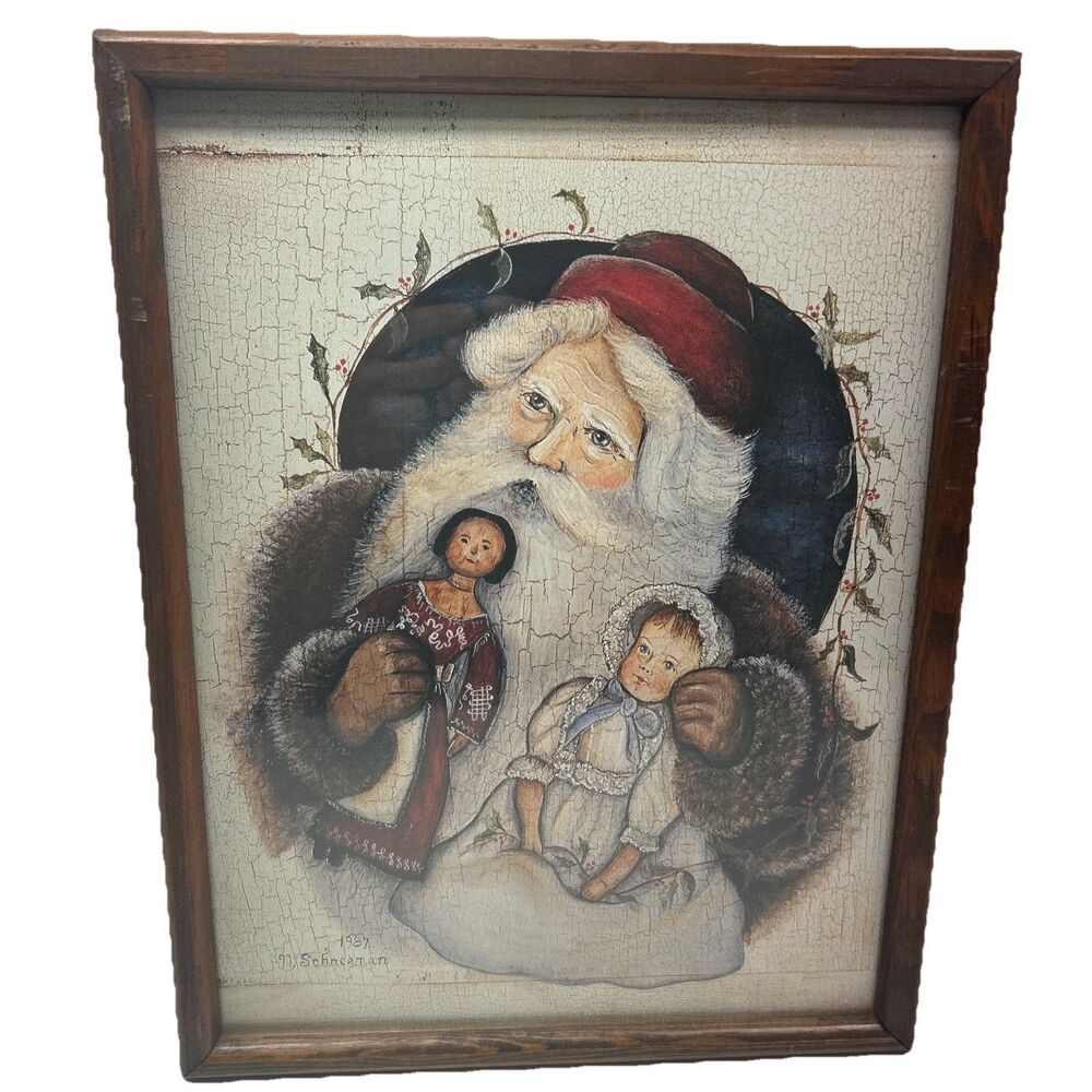 Vintage Norma Schneeman Folk Art Print Framed & Under Glass 1987 Santa Christmas